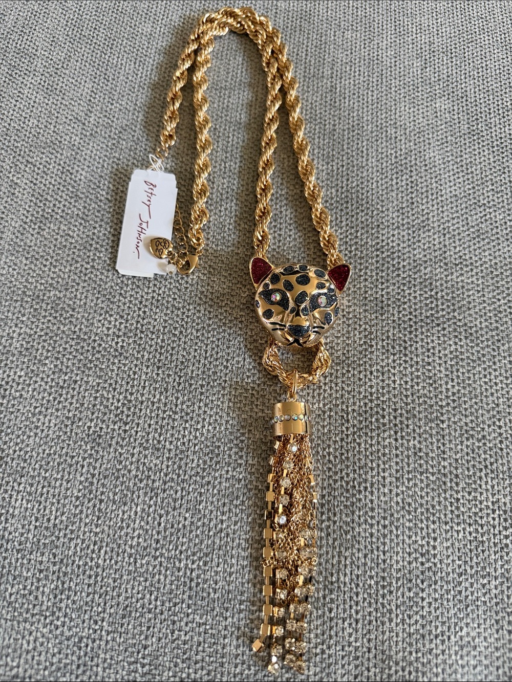 Betsey Johnson Gold Leopard Head Tassel Necklace with Red & Black Accents